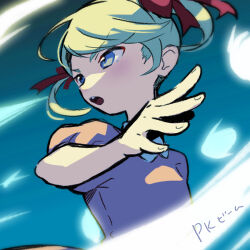 Rule 34 | 1girl, ana (mother), blonde hair, blue background, blue eyes, casting spell, collared dress, dress, fingernails, foreshortening, hair ribbon, looking to the side, mother (game), mother 1, nintendo, open mouth, pink dress, psychic, red ribbon, ribbon, shifumame, short hair, short sleeves, solo, translation request, upper body