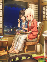 Rule 34 | 2girls, :d, aiuabo, albino, barefoot, bath yukata, black eyes, black hair, chair, commentary request, folded clothes, hanten (clothes), heater, highres, holding, holding magazine, holding pen, indoors, japanese clothes, kimono, long hair, magazine (object), multiple girls, nail polish, night, open mouth, original, pen, red eyes, shared chair, siblings, sisters, sitting, smile, striped clothes, striped kimono, table, v, vertical-striped clothes, vertical-striped kimono, white hair, window, wrapper, yukata