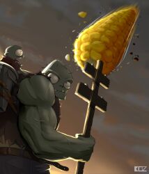 Rule 34 | 2boys, artist name, belt, biceps, brown belt, brown vest, colored skin, corn cob, edz drawz, gargantuar zombie, green skin, grey sky, highres, looking at another, multiple boys, muscular, muscular male, open mouth, outdoors, plants vs zombies, sky, sleeveless, teeth, tongue, tongue out, utility pole, vest