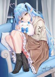 Rule 34 | 1girl, ahoge, bare legs, blue hair, breasts, brown skirt, colored tips, couch, elf, hair between eyes, hair ribbon, heart, heart ahoge, heart hair, highres, hololive, large breasts, long hair, looking at viewer, multicolored hair, pillow, pointy ears, ribbon, skirt, skyrail, socks, solo, streaked hair, toes, very long hair, virtual youtuber, yellow eyes, yukihana lamy, yukihana lamy (casual), yukimin (yukihana lamy)