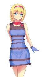 Rule 34 | 1girl, alice margatroid, bare arms, bare shoulders, blonde hair, blue eyes, culter, dress, gloves, hairband, looking at viewer, meme, meme attire, sleeveless, sleeveless dress, solo, striped clothes, striped dress, the dress (meme), touhou