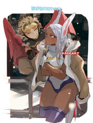 Rule 34 | 1boy, 1girl, ^ ^, animal ears, artist name, black gloves, blonde hair, blush, boku no hero academia, closed eyes, coat, cold, dark-skinned female, dark skin, expectations/reality, feathered wings, gloves, hawks (boku no hero academia), heattech leotard, kadeart, leotard, long hair, mirko, pants, rabbit ears, red eyes, smile, thighhighs, turtleneck, white gloves, white hair, wings