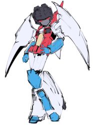 Rule 34 | 1boy, android, azuredawn40, full body, hand on own hip, helmet, highres, looking at viewer, mecha, no humans, red eyes, robot, simple background, sketch, smile, starscream, transformers, trap, white background, wings