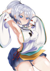 Rule 34 | 1girl, armpits, arms behind head, arms up, blue eyes, breasts, covered erect nipples, detached sleeves, grey hair, hat, highres, japanese clothes, kariginu, large breasts, long sleeves, looking at viewer, miniskirt, mononobe no futo, no headwear, no headwear, ponytail, sideboob, simple background, skirt, smile, solo, takimoto yukari, tate eboshi, touhou, white background, wide sleeves