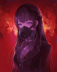 Rule 34 | 1girl, backlighting, black hair, blazer, bow, bowtie, buttons, fire, gas mask, hair ornament, hairclip, hairclip on clothes, highres, ito daka, jacket, long hair, looking at viewer, mask, nijisanji, purple eyes, red background, school uniform, shirt, solo, straight hair, sweater, tie clip, tsukino mito, tsukino mito (1st costume), upper body, virtual youtuber, white shirt
