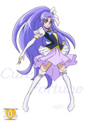 Rule 34 | 10s, 1girl, anniversary, arm warmers, arudebido, boots, brooch, character name, copyright name, cure fortune, earrings, frills, full body, happinesscharge precure!, heart, heart brooch, hikawa iona, jewelry, long hair, magical girl, precure, purple eyes, purple hair, purple skirt, skirt, smile, solo, standing, thigh boots, thighhighs, white background, white thighhighs, wide ponytail