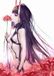Rule 34 | 1girl, alternate hair length, alternate hairstyle, bare arms, bare shoulders, breasts, covered mouth, cowboy shot, eyeliner, fate/grand order, fate (series), flower, forehead jewel, hair ornament, halterneck, headpiece, highres, holding, holding flower, horns, kaguyuzu, long hair, looking at viewer, makeup, navel, oni, pointy ears, profile, purple eyes, purple hair, red eyeliner, red flower, revealing clothes, shuten douji (fate), sideboob, sideways glance, signature, simple background, skin-covered horns, small breasts, smelling flower, solo, spider lily, stomach, very long hair, white background