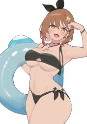 Rule 34 | 1girl, :d, atelier (series), atelier ryza, atelier ryza 2, bikini, black bikini, blush, braid, breasts, brown hair, hair between eyes, hair ornament, highres, holding, holding swim ring, innertube, jewelry, key, key necklace, large breasts, looking at viewer, navel, necklace, open mouth, reisalin stout, short hair, simple background, smile, solo, swim ring, swimsuit, tan, teeth, thick thighs, thighs, upper teeth only, wet, white background, yabai gorilla, yellow eyes