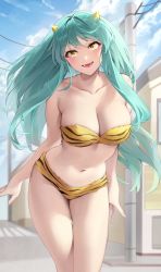 Rule 34 | 1girl, :d, absurdres, animal print, bikini, blush, breasts, commentary request, cone horns, fangs, green hair, highres, horns, long hair, looking at viewer, lum, medium breasts, navel, oni, open mouth, outdoors, pointy ears, sabotensuteeki, smile, solo, standing, strapless, swimsuit, tiger print, urusei yatsura, yellow eyes