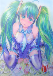 Rule 34 | 1girl, ahoge, aqua eyes, aqua hair, bad id, bad pixiv id, blush, breasts, can, candy, colored pencil, detached sleeves, eraser, female focus, food, from above, hatsune miku, headphones, headset, long hair, mayo riyo, mechanical pencil, necktie, no nose, pen, pencil, sitting, skirt, solo, spring onion, tears, thighhighs, traditional media, twintails, very long hair, vocaloid, wooden pencil, zettai ryouiki