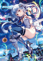 1girl bare_shoulders blue_gloves blue_hair blue_sky blue_thighhighs building character_request cityscape closed_mouth cloud cloudy_sky commentary_request day elbow_gloves fujima_takuya gloves grey_leotard gun hair_between_eyes high_heels holding holding_gun holding_weapon leotard long_hair looking_at_viewer outdoors planet red_eyes sky smile solo thighhighs twintails very_long_hair weapon z/x