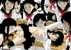 Rule 34 | 6+girls, audience, black hair, blouse, blush, breast sucking, breasts, clothes lift, desk, drinking pee, female ejaculation, female masturbation, fingering, glasses, golden shower, grabbing, grabbing another&#039;s breast, group sex, gusu, half-closed eyes, hand under clothes, licking, licking lips, masturbation, masturbation through clothes, miniskirt, multiple girls, neckerchief, no bra, no panties, orgy, pee, peeing, pussy, pussy juice, red neckerchief, school uniform, serafuku, shirt, shirt lift, skirt, small breasts, spread legs, surprised, swept bangs, thighhighs, tongue, tongue out, uncensored, white shirt, yuri