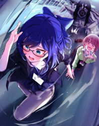 Rule 34 | a-chan (2nd costume) (hololive), a-chan (hololive), all fours, black-framed eyewear, black hair, blue eyes, blue hair, blue jacket, blue ribbon, blue shirt, blush, breasts, chasing, collared shirt, commentary request, extra arms, glasses, green shirt, grey pants, hair ribbon, hand up, harusaki nodoka, highres, hololive, id card, indoors, jacket, large breasts, long sleeves, monster, open clothes, open jacket, open mouth, pants, red eyes, red hair, ribbon, running, shara (syara so ju), shirt, shoes, short hair, tearing up, unworn shoes, virtual youtuber