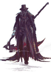 Rule 34 | 1boy, black pants, bloodborne, brown coat, brown hat, brown vest, burial blade, closed mouth, coat, covered eyes, facing viewer, from software, full body, gehrman the first hunter, gun, hat, highres, holding, holding gun, holding scythe, holding weapon, male focus, pants, peg leg, prosthesis, prosthetic leg, scythe, shimhaq, simple background, smoke, smoking barrel, solo, standing, vest, weapon, white background, white hair