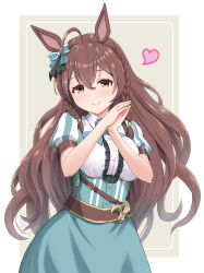 Rule 34 | 1girl, ahoge, animal ears, beads, belt, bow, braid, brown belt, brown eyes, brown hair, center frills, closed mouth, collared dress, commentary, cowboy shot, dress, ear bow, frills, green bow, green dress, grey background, hair beads, hair ornament, haniwa (leaf garden), heart, highres, horse ears, horse girl, horse tail, long hair, looking at viewer, mejiro bright (umamusume), outside border, own hands together, puffy short sleeves, puffy sleeves, short sleeves, smile, solo, standing, tail, twin braids, umamusume