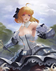 Rule 34 | 1girl, ahoge, areola slip, armor, armored dress, armpits, artoria pendragon (all), artoria pendragon (fate), bare shoulders, black pantyhose, blonde hair, blurry, blush, bow, closed mouth, clothes lift, cloud, cowboy shot, day, detached sleeves, dress, dress lift, fate/stay night, fate/unlimited codes, fate (series), faulds, flower, gauntlets, hair bow, hair ribbon, half updo, highres, holding, holding sword, holding weapon, lace, lace-trimmed dress, lace trim, lily (flower), long hair, looking away, outdoors, pantyhose, puffy sleeves, ribbon, saber (fate), saber lily, skirt, skirt lift, sky, solo, sword, torn clothes, torn pantyhose, tree, turewindwalker, upskirt, weapon, white flower