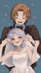 Rule 34 | 1boy, 1girl, ahoge, black bow, black bowtie, black jacket, black suit, bow, bowtie, bridal veil, brown hair, closed eyes, collared shirt, couple, dress, elf, formal, hand on another&#039;s ear, heart, highres, husband and wife, jacket, mole, mole under eye, mushoku tensei, open mouth, orange eyes, playing with another&#039;s ears, pointy ears, purple hair, rudeus greyrat, rumelog, shirt, suit, suit jacket, sylphiette (mushoku tensei), veil, wedding dress, white dress