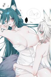 ! ...! 2girls absurdres animal_ear_fluff animal_ears aqua_eyes aqua_hair areola_slip blush breast_sucking breasts collarbone commentary diamond-shaped_pupils diamond_(shape) feixiao_(honkai:_star_rail) forehead_jewel fox_ears fox_girl fox_tail green_eyes green_hair heart highres honkai:_star_rail honkai_(series) large_breasts long_hair looking_at_another multiple_girls naked_towel one_eye_closed purple_eyes seol_(baconontheclock) sidelocks simple_background speech_bubble spoken_exclamation_mark spoken_heart spoken_object symbol-only_commentary symbol-shaped_pupils tail thighs towel twitter_username veins veiny_breasts very_long_hair white_background white_hair yukong_(honkai:_star_rail) yuri