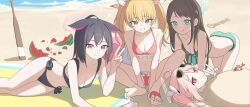 Rule 34 | + +, 4girls, absurdres, airi (blue archive), all fours, alternate costume, animal ears, bare arms, bare legs, baseball bat, beach, bikini, black bikini, black hair, blonde hair, blue archive, breasts, brown hair, buried, cat ears, cleavage, closed mouth, collarbone, crab, diamond-shaped pupils, diamond (shape), english text, feet, flip-flops, food, food-themed hair ornament, frilled bikini, frills, fruit, green bikini, grin, hair ornament, halo, highres, ice cream hair ornament, kazusa (blue archive), licking lips, looking at viewer, medium breasts, medium hair, momocadraw, multicolored hair, multiple girls, natsu (blue archive), navel, outdoors, pink eyes, pink hair, pink pupils, red bikini, red eyes, sandals, short hair, single barefoot, smile, soles, stomach, streaked hair, suikawari, sunlight, swimsuit, symbol-shaped pupils, toes, tongue, tongue out, v, watermelon, yoshimi (blue archive)