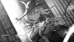 Rule 34 | 1girl, a9712mob, arknights, ascot, bloom, building, city, cloak, dutch angle, floating hair, frown, gladiia (arknights), greyscale, hair over one eye, high collar, light particles, long hair, looking to the side, low ponytail, monochrome, outdoors, pointy ears, pointy hat, skyscraper, slit pupils, solo, squinting, tilted headwear, twitter username, upper body, wind, wind lift