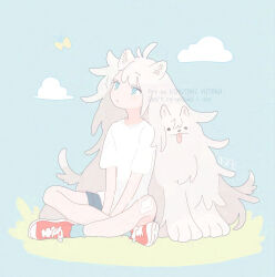 1girl adversarial_noise animal animal_ears blue_eyes commentary dog dog_ears dog_girl dog_tail full_body highres indian_style kinutani_yutaka living_hair long_hair original outdoors shirt shorts sitting solo symbol-only_commentary tail very_long_hair white_hair white_shirt