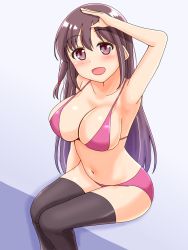 Rule 34 | :d, arm at side, arm up, bare arms, bikini, black thighhighs, blush, breasts, cleavage, feet out of frame, hair between eyes, highres, large breasts, long hair, looking at viewer, matsumi kuro, navel, open mouth, pink bikini, purple eyes, purple hair, saki (manga), sitting, smile, straight hair, swimsuit, thighhighs