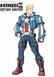 Rule 34 | 1boy, abs, animification, arm belt, artist name, avengers (series), belt, blonde hair, blue eyes, blue jacket, blue pants, boots, captain america, character name, closed mouth, collared jacket, copyright name, crossover, english text, gloves, guilty gear, guilty gear xrd, hand on own hip, jacket, leg belt, long sleeves, looking to the side, male focus, marvel, muscular, muscular male, open clothes, open jacket, pants, popped collar, red footwear, red gloves, redesign, shamserg, short hair, solo, spiked hair, star (symbol), superhero costume, white background