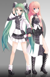Rule 34 | 2girls, :d, bad id, bad pixiv id, black gloves, blue eyes, blush, boots, bow, crossed arms, daffobird, double bun, fingerless gloves, gloves, green eyes, green hair, hair bow, hatsune miku, highres, long hair, megurine luka, multiple girls, open mouth, pink hair, project diva (series), project diva extend, skirt, smile, twintails, ura-omote lovers (vocaloid), very long hair, vocaloid