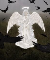 Rule 34 | 1girl, angel, angel wings, bird, black feathers, crow, dress, expressionless, feathered wings, feathers, field, full body, grass, grey eyes, halo, hand on own chin, highres, long hair, looking at viewer, original, outdoors, parted bangs, shirone (coxo ii), tall grass, very long hair, wavy hair, white dress, white hair, white wings, wings
