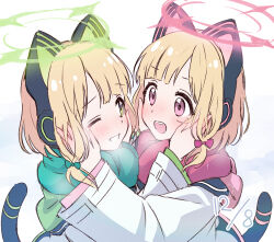 Rule 34 | 2girls, absurdres, animal ear headphones, animal ears, blonde hair, blue archive, blush, bow, cat tail, dated, fake animal ears, green bow, green eyes, green halo, green scarf, hair bow, halo, headphones, highres, jacket, long sleeves, midori (blue archive), momoi (blue archive), multiple girls, one eye closed, open mouth, pink halo, red bow, red eyes, red scarf, scarf, short hair, siblings, sisters, smile, tail, tibaridooor, twins, white jacket, wide sleeves