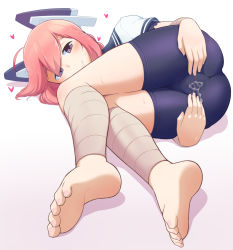 Rule 34 | 1girl, bandaged leg, bandages, barefoot, bike shorts, blush, dress, foot focus, foreshortening, gradient background, headgear, heart, ishitsubute, kantai collection, long hair, lying, nenohi (kancolle), on side, pink hair, purple eyes, pussy juice, sailor dress, short sleeves, shorts under dress, simple background, solo, spread pussy under clothes, suggestive fluid, sweat, white dress