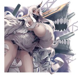 Rule 34 | 1girl, abyssal ship, breasts, claws, dress, eigaka, from below, gigantic breasts, highres, horns, huge breasts, kantai collection, long hair, red eyes, ribbed dress, seaport princess, short dress, sideboob, single horn, solo, sweater, sweater dress, thong, very long hair, white hair