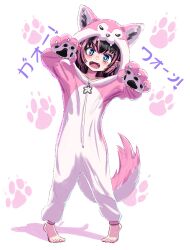 Rule 34 | 1girl, absurdres, alternate costume, animal costume, animal hood, barefoot, black hair, blue eyes, blush, commentary request, fangs, full body, highres, hood, hood up, long hair, looking at viewer, medium bangs, multicolored hair, nanashi inc., oinomori may, onesie, open mouth, paw print, paw print background, pigeon-toed, pink hair, pun, rgm jesta, simple background, smile, solo, standing, two-tone hair, v-shaped eyebrows, virtual youtuber, white background, wolf costume