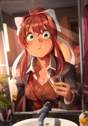 Rule 34 | 2girls, absurdres, acid, blue eyes, bottle, breasts, caught, cleavage, commentary, doki doki literature club, english commentary, green eyes, hair ribbon, highres, imminent death, khyle., large breasts, mirror, monika (doki doki literature club), multiple girls, orange hair, ponytail, ribbon, sayori (doki doki literature club), school uniform, sink, surprised, sweater vest, toothbrush, you&#039;re doing it wrong
