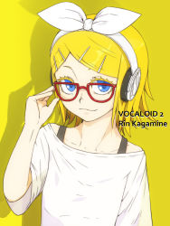 Rule 34 | 1girl, bare shoulders, bespectacled, blonde hair, blue eyes, character name, colored eyelashes, colorized, copyright name, glasses, hair ornament, hair ribbon, hairclip, headphones, highres, kagamine rin, looking at viewer, reinforce a, ribbon, short hair, smile, solo, staring, vocaloid, yellow background