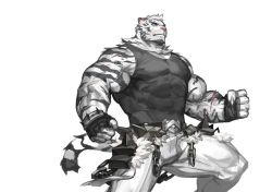 Rule 34 | 1boy, abs, absurdres, animal ears, arknights, bandages, bandaged hand, bandages, bara, bare shoulders, biceps, black tank top, covered abs, covered navel, feet out of frame, furry, furry male, highres, large pectorals, male focus, mountain (arknights), muscular, muscular male, navel, nipples, pants, pectorals, scar, scar across eye, scar on face, short hair, sidepec, solo, standing, stomach, tank top, thighs, tiger boy, tiger ears, tight clothes, tight pants, traver009, white fur, white hair, white pants