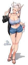 Rule 34 | 1girl, blue eyes, blue shorts, blue tank top, blush, breasts, cleavage, collarbone, commentary, commission, crop top, cup, denim, denim shorts, disposable cup, ear piercing, elf, english commentary, grey hair, holding, holding cup, holding phone, k52, korean commentary, large breasts, long hair, long pointy ears, mcdonald&#039;s, mixed-language commentary, navel, original, phone, piercing, plaid, plaid shirt, pointy ears, ponytail, puckered lips, sandals, shadow, shirt, short shorts, shorts, solo, tank top, white background