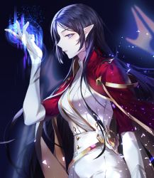 Rule 34 | 1girl, bad id, bad twitter id, belt, black hair, cape, dress, gloves, highres, long hair, looking at viewer, maplestory, pointy ears, red cape, simple background, white dress, white gloves