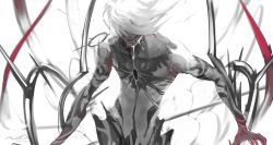 Rule 34 | 1boy, alter servant, arm blade, bishounen, dark persona, egawa akira, fangs, fate/apocrypha, fate (series), greyscale, hair over eyes, highres, hole in chest, hole on body, karna (fate), male focus, monochrome, solo, spot color, topless male, weapon, white background