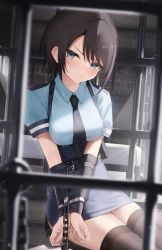 Rule 34 | 1girl, black necktie, blue eyes, blue shirt, blue skirt, blush, bound, bound arms, breasts, brown hair, chain, closed mouth, collared shirt, high-waist skirt, highres, hololive, indoors, looking at viewer, medium breasts, necktie, oozora subaru, shirt, short hair, short sleeves, sitting, skirt, solo, thighhighs, thomas 8000, virtual youtuber