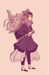 Rule 34 | 1girl, black hair, brown eyes, flower, full body, highres, hijab, holding strap, jisoo kim, limited palette, lying, on back, original, pants, pink background, plant, shoes, simple background, solo, standing, swept bangs, tagme