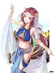 Rule 34 | 1girl, :d, absurdres, armlet, breasts, brown hair, circlet, cleavage, dancer, feathermage, floating hair, hair intakes, highres, long hair, medium breasts, midriff, navel, open mouth, outline, pelvic curtain, princess connect!, ruka (princess connect!), ruka (sarasaria) (princess connect!), simple background, smile, solo, standing, stomach, very long hair, white background, white outline, white veil, yellow eyes