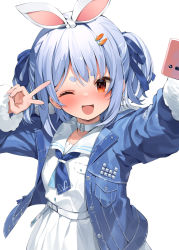 Rule 34 | 1girl, ;d, belt, blue hair, blue jacket, blue neckerchief, blue ribbon, blush, carrot hair ornament, cellphone, commentary request, dress, food-themed hair ornament, hair ornament, hair ribbon, hana mori, hands up, highres, hololive, jacket, looking at phone, neckerchief, official alternate costume, one eye closed, open clothes, open jacket, open mouth, phone, red eyes, ribbon, sailor collar, selfie, short eyebrows, short hair, simple background, smartphone, smile, solo, thick eyebrows, two side up, upper body, usada pekora, usada pekora (casual), v, virtual youtuber, white background, white belt, white dress, white sailor collar