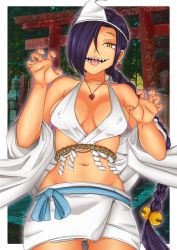 Rule 34 | 1girl, :p, bell, chikujouin magane, claw pose, commission, criss-cross halter, culton, earrings, ghost, ghost costume, hair bell, hair ornament, halloween, halloween costume, halterneck, halterneck, highres, jewelry, looking at viewer, midriff, navel, necklace, re:creators, sharp teeth, solo, teeth, tongue, tongue out, torii, torii earrings