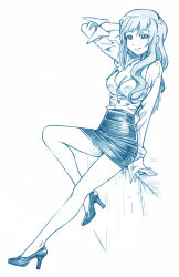 Rule 34 | 1girl, arm behind back, bbb (friskuser), blue theme, breasts, cleavage, ears visible through hair, highres, leg up, long hair, long sleeves, mature female, miniskirt, monochrome, original, pencil skirt, simple background, sitting, skirt, solo