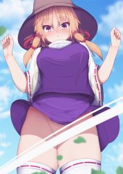 Rule 34 | 1girl, aged up, alternate breast size, arms up, bad id, bad pixiv id, blonde hair, blue sky, blush, breasts, brown eyes, brown hat, censored, clothes lift, cloud, commentary request, darumoon, day, embarrassed, eyelashes, from below, hair between eyes, hair ribbon, hat, highres, large breasts, leaf, looking at viewer, looking down, moriya suwako, no panties, outdoors, pointless censoring, purple skirt, purple vest, pussy, red ribbon, ribbon, shirt, skirt, skirt lift, skirt set, sky, solo, thighhighs, touhou, tress ribbon, vest, white shirt, white thighhighs, wind, wind lift