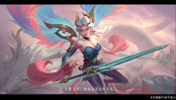 Rule 34 | 1girl, absurdres, artist name, breasts, chinese text, cleavage, closed eyes, closed mouth, cloud, detached sleeves, dragon, earrings, eastern dragon, eyeshadow, flying, fog, hair ornament, highres, holding, holding sword, holding weapon, immortal journey kayle, jewelry, kayle (league of legends), large breasts, league of legends, long hair, makeup, mountain, multicolored wings, official alternate costume, official alternate hairstyle, outdoors, pigubu, single bare arm, single sleeve, solo, sword, tassel, tassel earrings, weapon, white hair, wide sleeves, wings