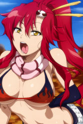 Rule 34 | 00s, 1girl, annoyed, belt, bikini, bikini top only, breasts, chopsticks, elbow gloves, gloves, hair ornament, hairu, large breasts, long hair, naughty face, navel, open mouth, ponytail, red hair, scarf, shorts, skull, solo, striped clothes, striped scarf, studded belt, swimsuit, tengen toppa gurren lagann, tongue, tongue out, underboob, yellow eyes, yoko littner