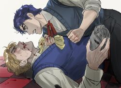 Rule 34 | 2boys, angry, bleeding, blonde hair, blood, blood on clothes, blood on face, blood on hands, blue eyes, blue hair, bustersiri, clenched hands, clenched teeth, crying, dio brando, fighting, holding, holding mask, injury, jojo no kimyou na bouken, jonathan joestar, licking lips, lying, male focus, mask, multiple boys, on back, on ground, pants, phantom blood, red eyes, shirt, shirt grab, simple background, stone mask (jojo), sweater vest, tears, teeth, toned, toned male, tongue, tongue out, white background, yellow eyes