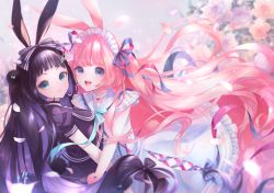 Rule 34 | 2020, 2girls, :d, animal ears, aoi itou, bare arms, bead necklace, beads, black bow, black dress, black hair, blue eyes, bow, dress, dress bow, flower, green eyes, hair bow, hair intakes, hairband, highres, jewelry, long hair, looking at viewer, low-tied long hair, multicolored bow, multiple girls, necklace, open mouth, original, petals, pink hair, rabbit ears, rabbit tail, signature, smile, tail, upper body, white dress